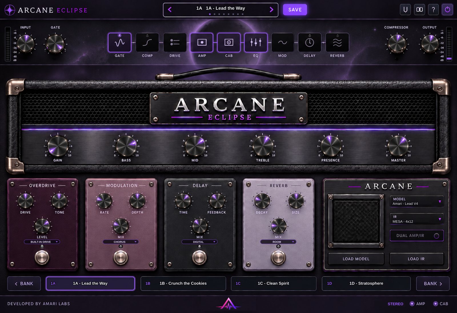 The Arcane Eclipse v1.1 panel: amp head with six knobs, overdrive, modulation, delay and reverb pedals, and the amp and cabinet loader