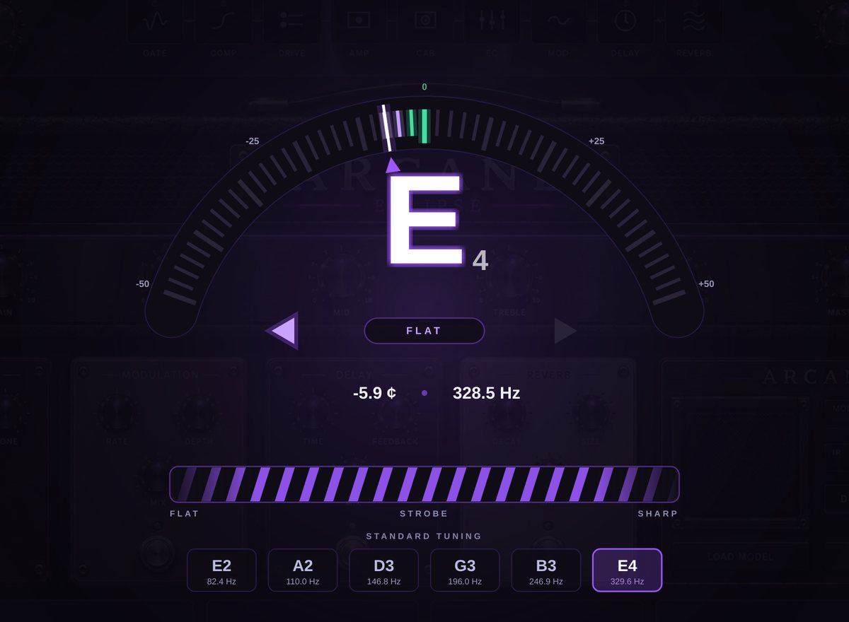 The Arcane Eclipse tuner reading E4, six cents flat, with strobe band and string guide